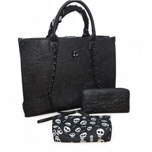 Betsey Johnson XOKIARA Black Embossed Skull & Floral Tote & Loungefly Wallet